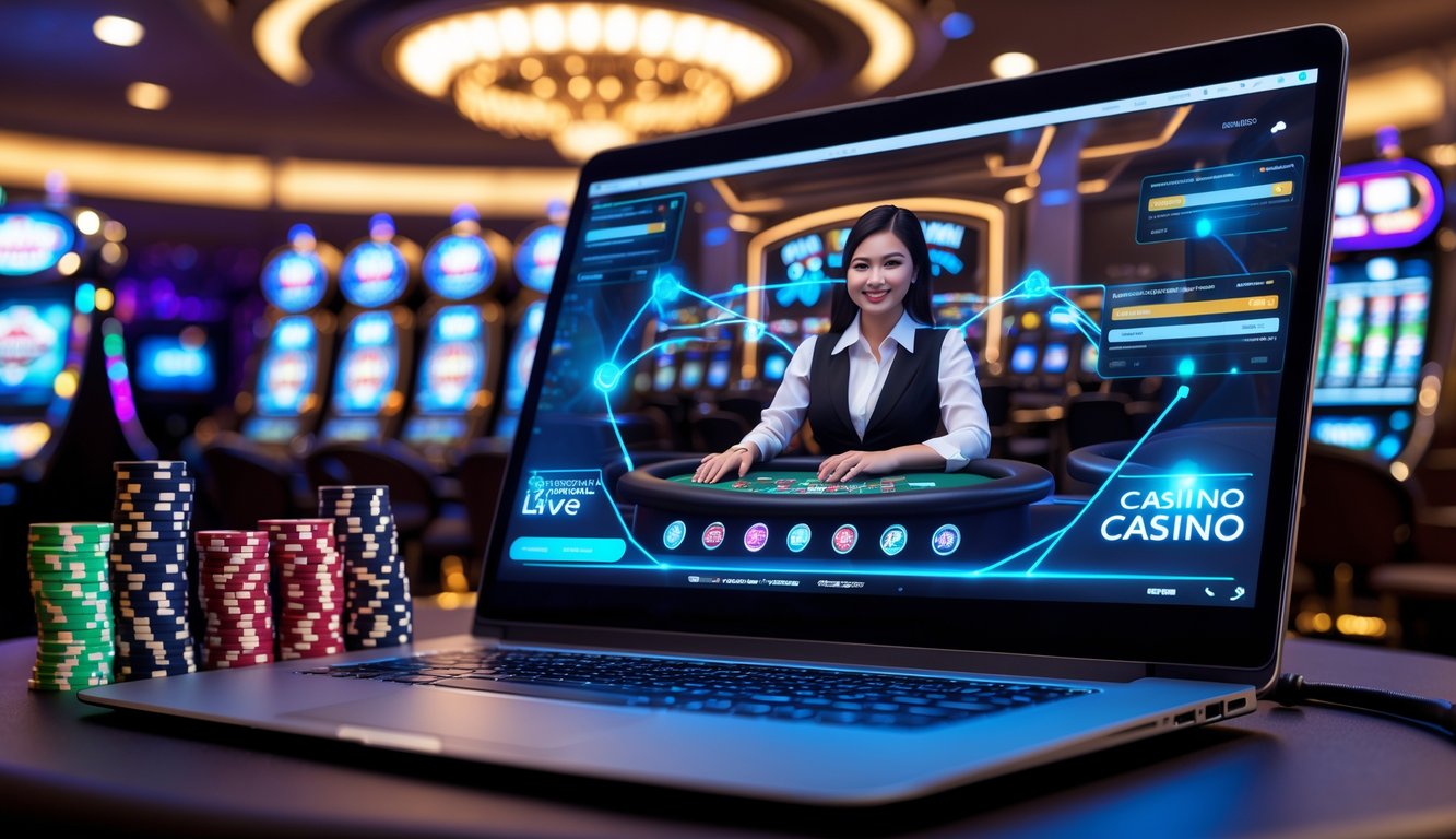 Seorang dealer kasino langsung sedang bermain di depan komputer dengan latar belakang elemen kasino klasik dan efek teknologi digital.