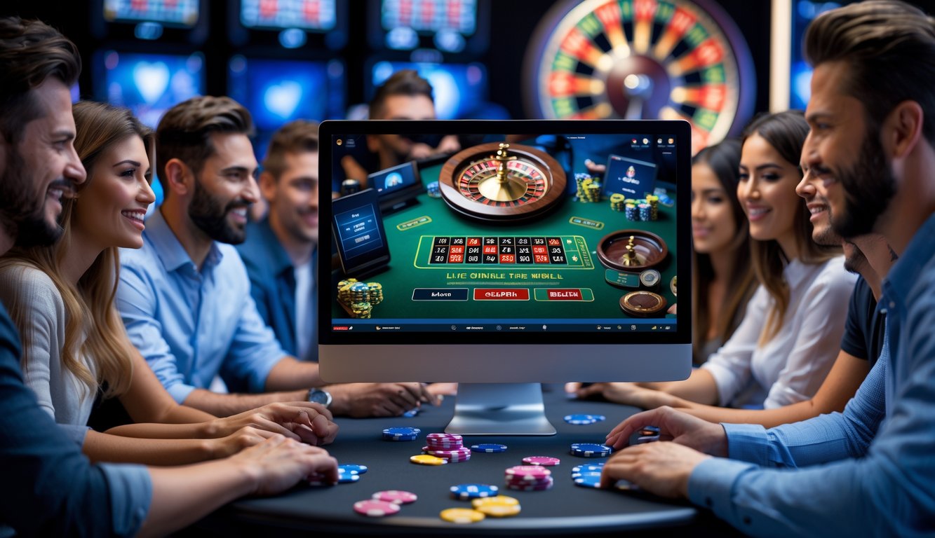 Beberapa orang sedang bermain permainan kasino online dengan komputer dan perangkat digital di meja.