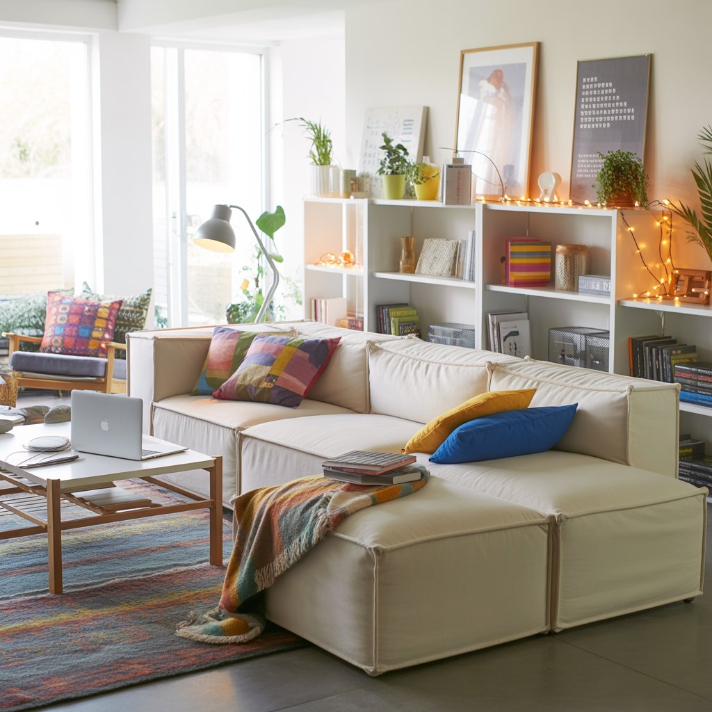 A bright living room with modular furniture, colorful pillows, plants, and personal items arranged casually.