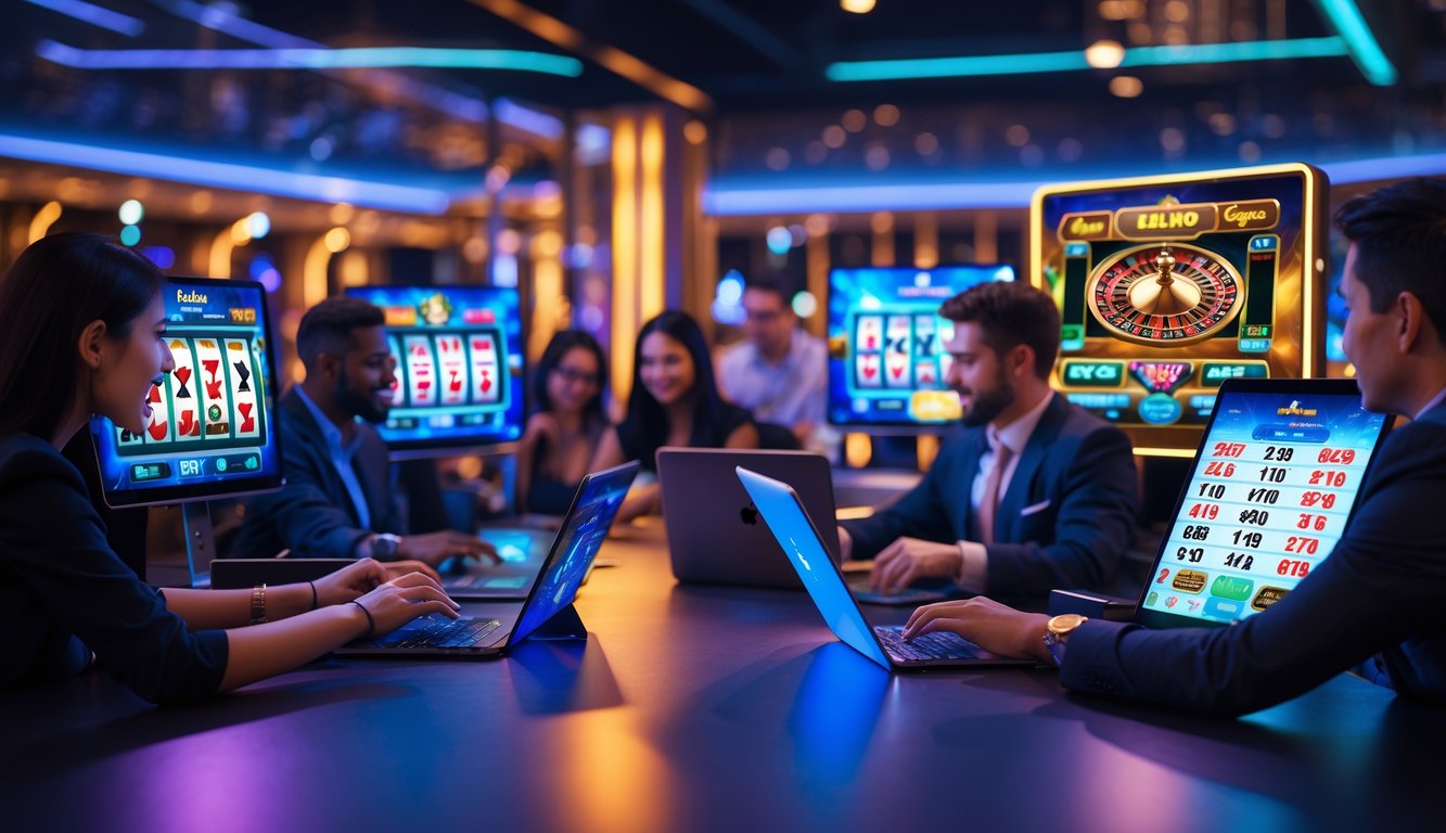 Orang-orang bermain permainan kasino online secara interaktif menggunakan perangkat digital dalam suasana kasino virtual yang modern dan ramai.