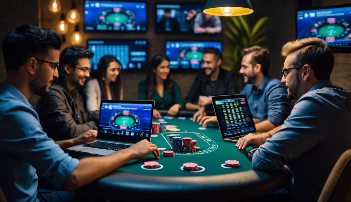 Beberapa orang dari berbagai negara bermain poker secara online bersama di ruangan yang nyaman dengan laptop dan tablet.