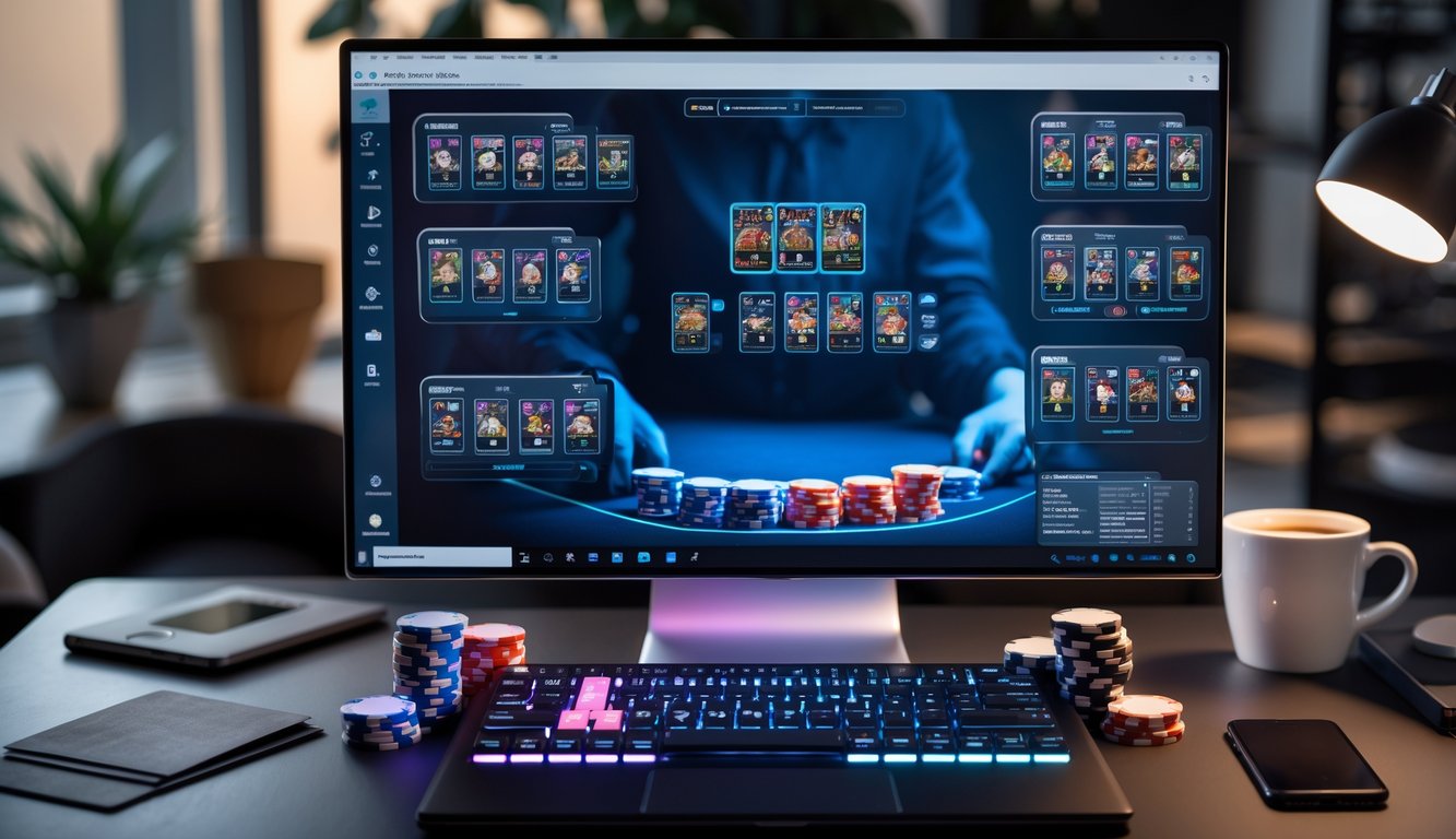 Seorang pemain sedang bermain poker online secara langsung di depan komputer dengan tumpukan chip dan kartu di meja.