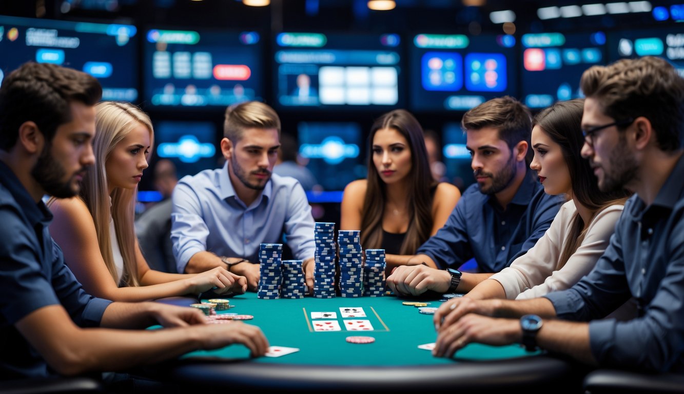 Sekelompok pemain poker online sedang bermain dengan serius di meja poker modern, menggunakan laptop dan tablet untuk bermain kartu secara langsung.