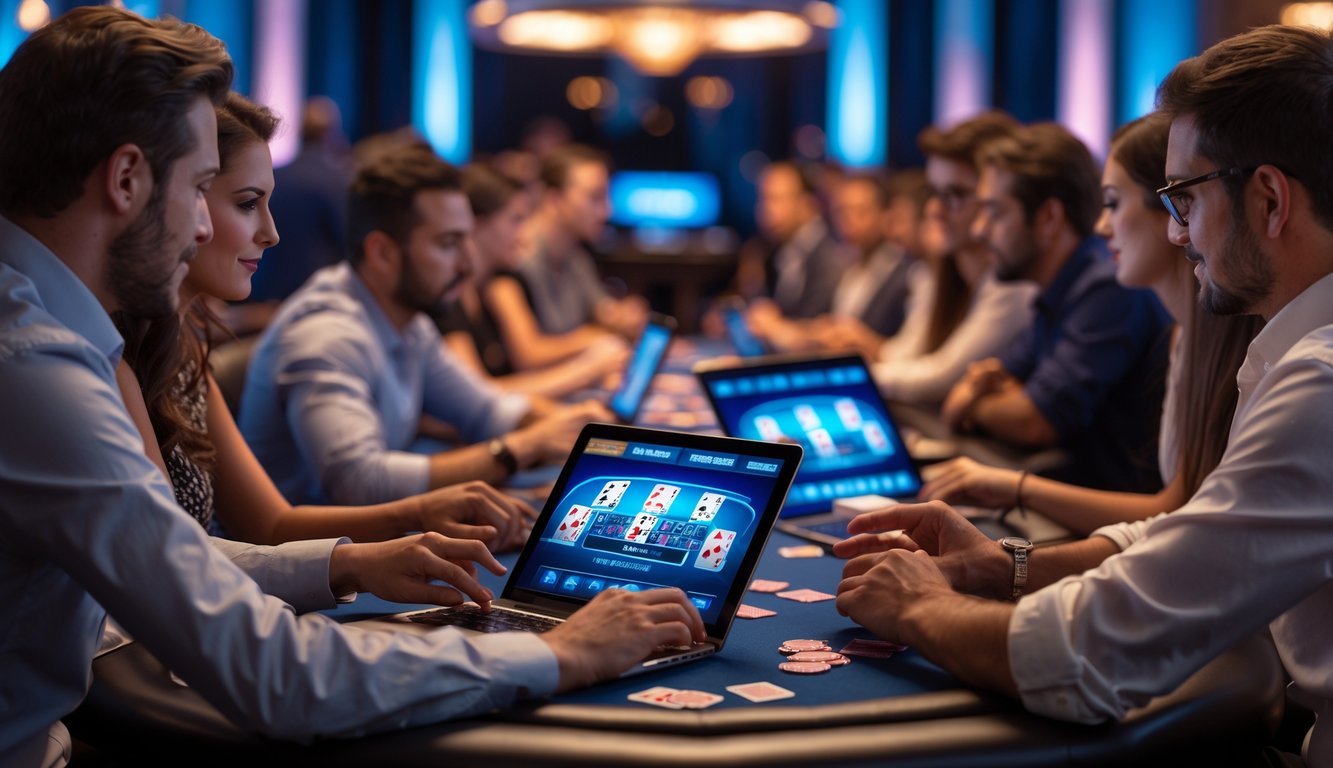 Beberapa orang bermain poker secara online menggunakan laptop dan tablet dengan latar belakang meja poker dan chip kasino.