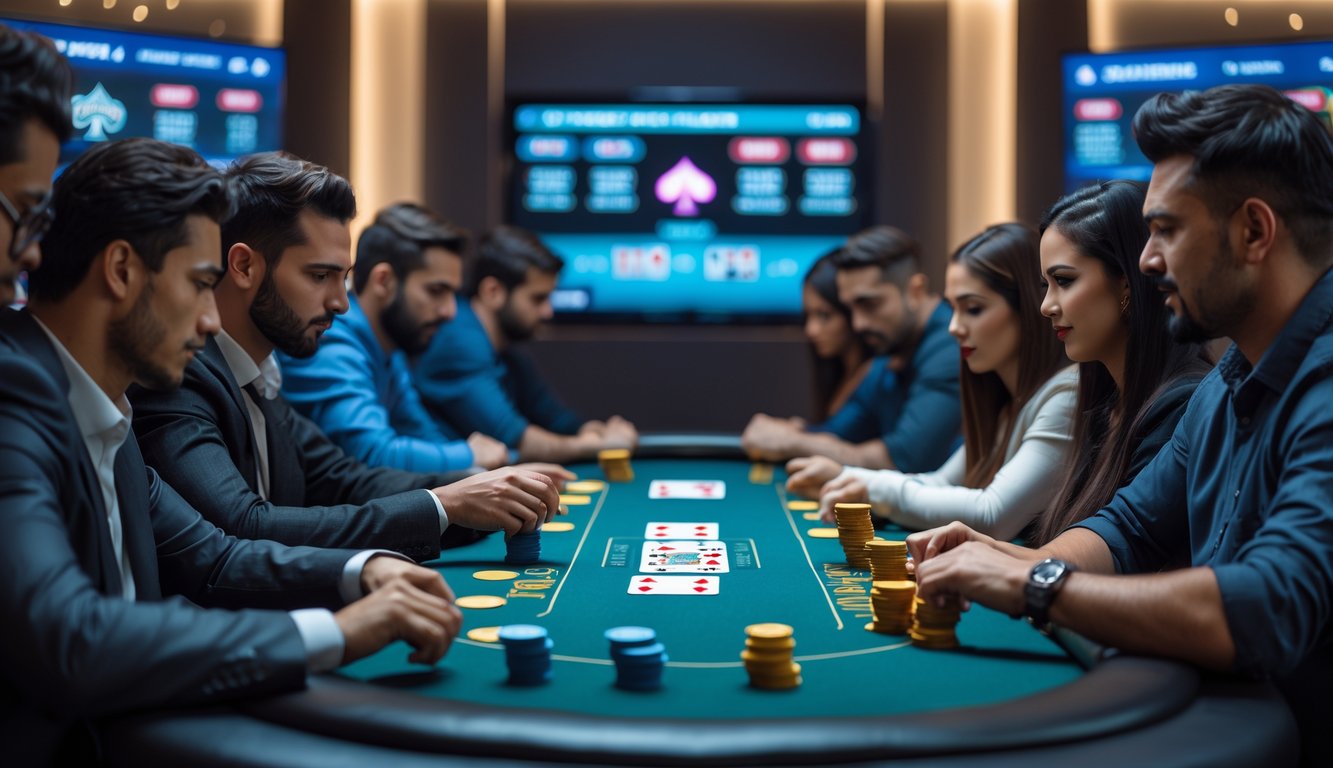Beberapa orang bermain kartu poker di meja dengan chip dan kartu, suasana kompetitif dan fokus.