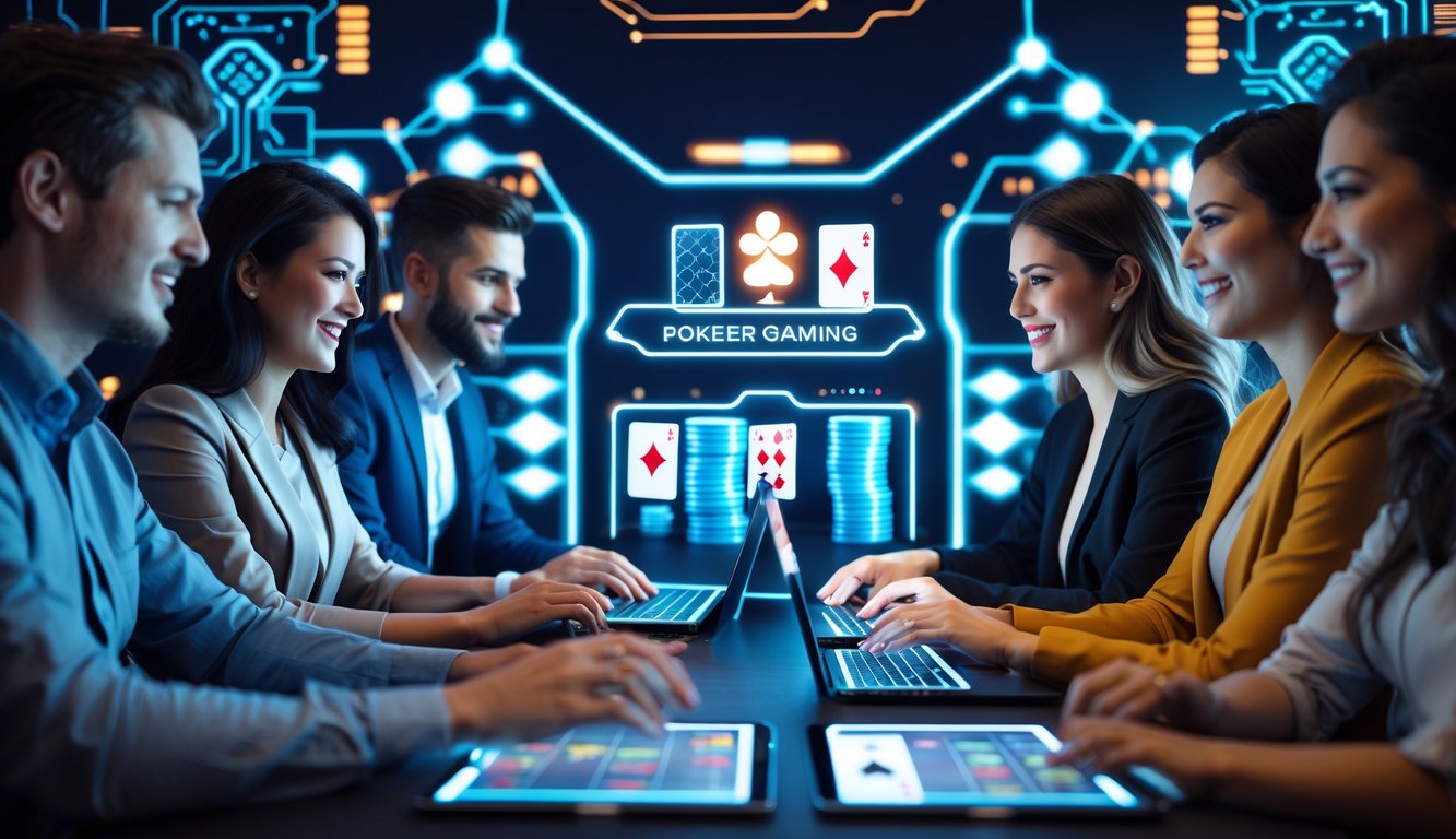 Orang-orang sedang bermain poker online dengan perangkat digital di lingkungan modern dan teknologi canggih.