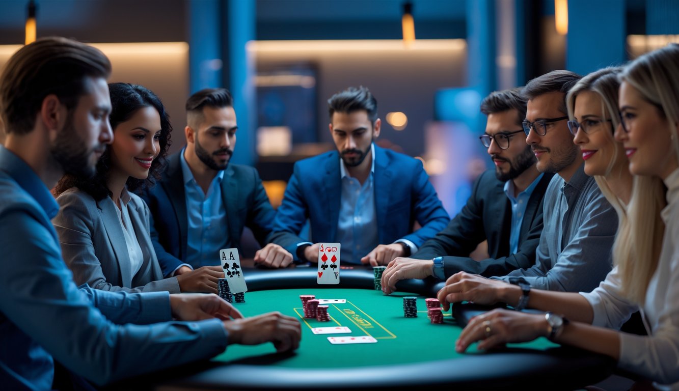 Sekelompok orang dewasa bermain poker online dengan layar digital dan chip di meja dalam ruangan modern.