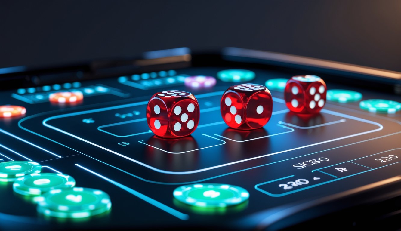 Meja permainan digital dengan tiga dadu merah yang sedang dilempar, menampilkan suasana permainan Sicbo online.