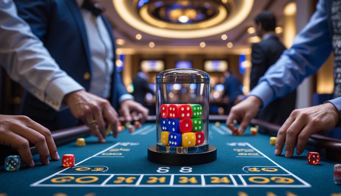 Meja Sicbo di kasino dengan dadu berwarna dalam alat pengocok dadu dan tangan pemain yang sedang memasang taruhan.