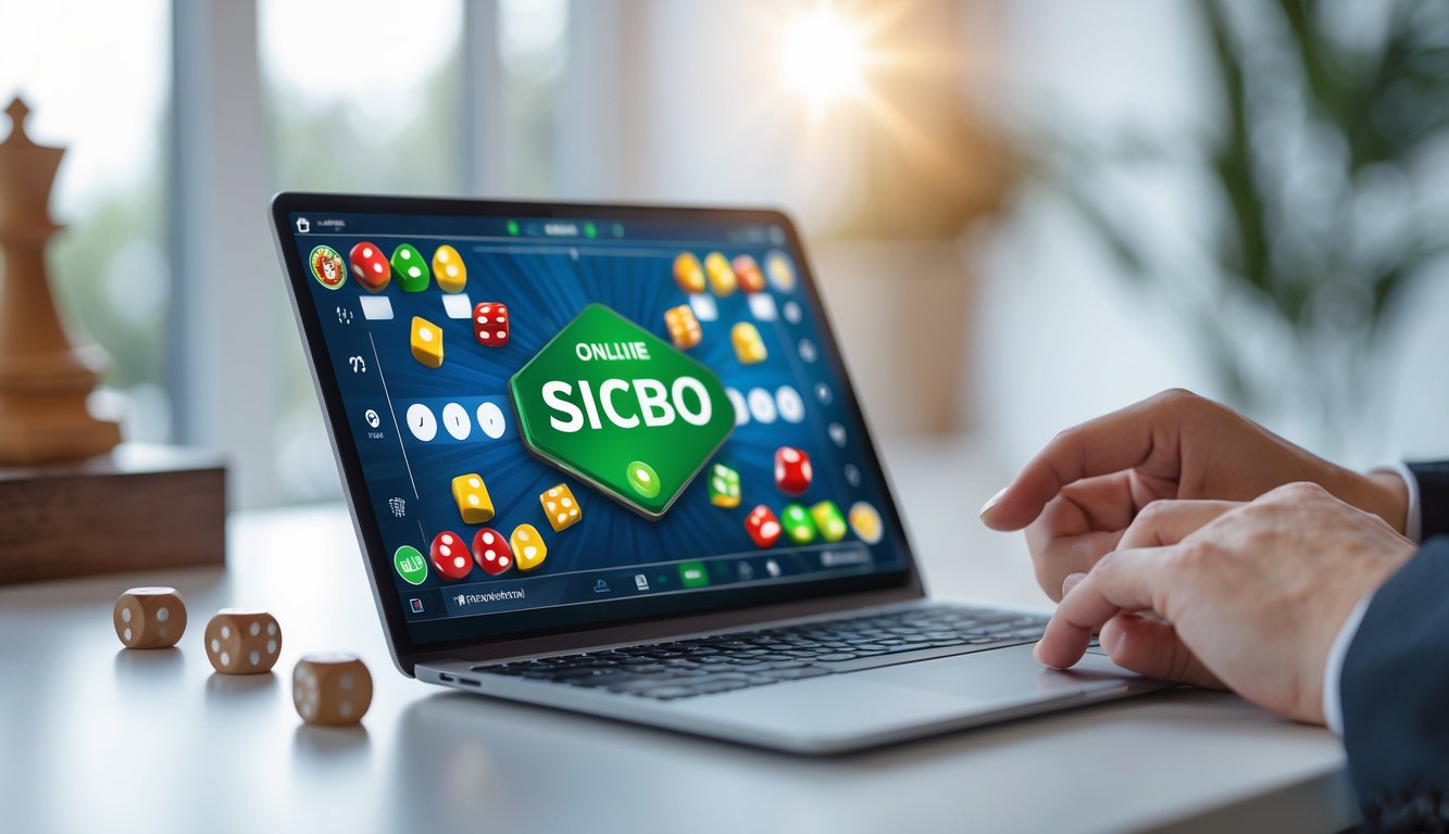Sebuah perangkat digital menampilkan permainan Sicbo online dengan dadu berwarna-warni di layar, di meja kerja yang terang dan bersih.