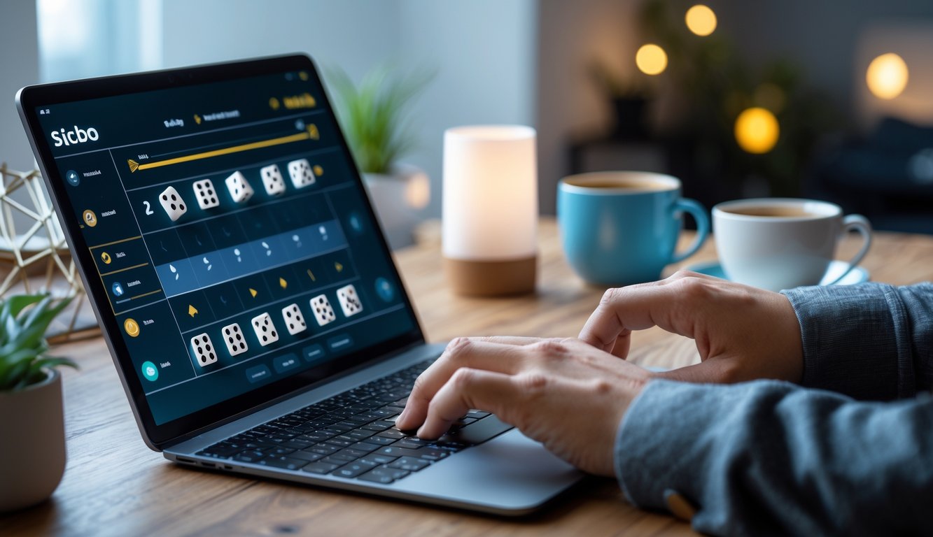 Seseorang menggunakan laptop dengan tampilan permainan Sicbo online dan dadu digital di layar dalam suasana ruangan yang nyaman.