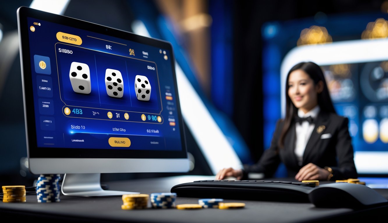 Seorang dealer profesional sedang memimpin permainan Sicbo online dengan tampilan komputer modern dan antarmuka permainan yang jelas.