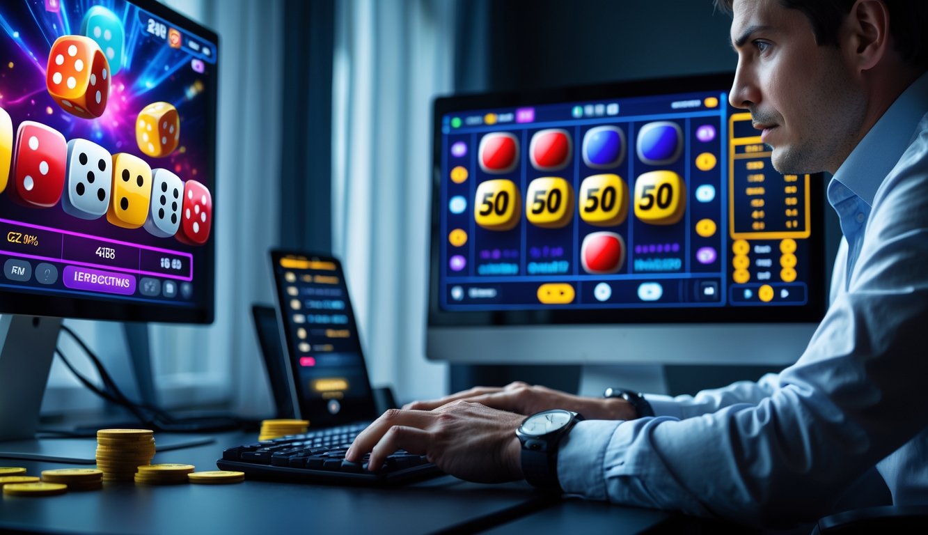 Seorang pemain serius sedang bermain permainan Sicbo online di depan komputer dengan layar menampilkan dadu dan opsi taruhan.