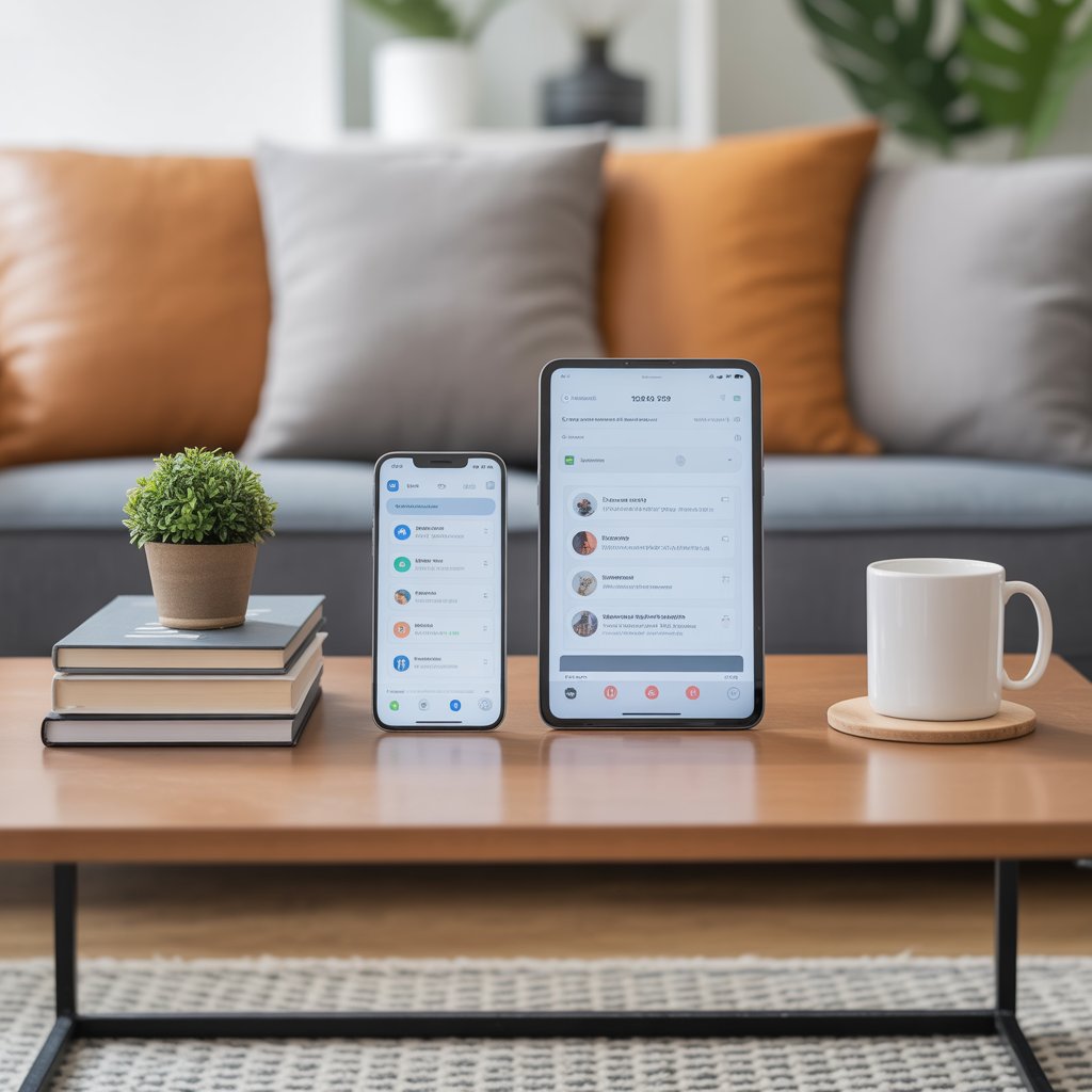 A clean, organized living room with a smartphone and tablet on a wooden table, surrounded by neatly arranged books, a plant, and a mug, conveying a sense of order and tidiness.