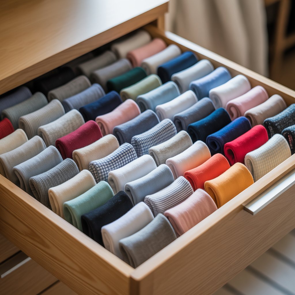 Drawer with neatly paired and organized matching socks arranged side by side.