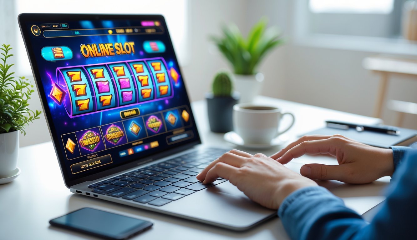 Orang sedang bermain slot online di laptop di ruang kerja dengan meja rapi dan pencahayaan alami.