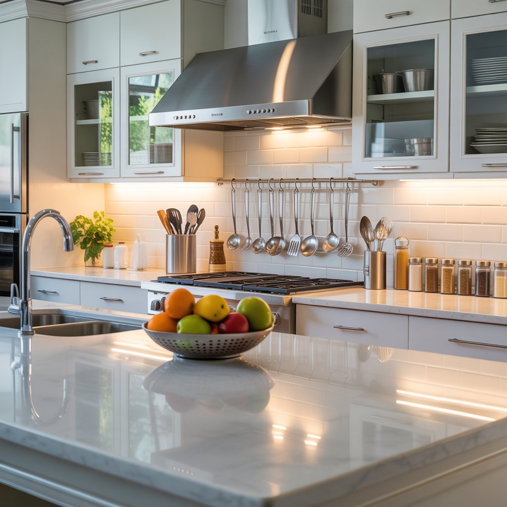 A bright, spotless kitchen with gleaming white counters, stainless steel appliances, and neatly arranged utensils and fruit.