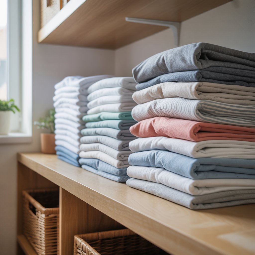 Neatly folded stacks of laundry arranged on a wooden shelf in a clean and organized room.