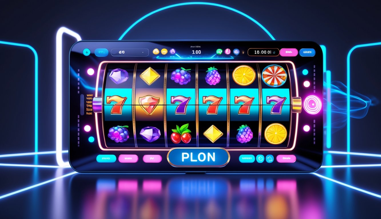 Tampilan mesin slot online dengan gulungan berwarna-warni dan simbol tema permainan di latar belakang futuristik.