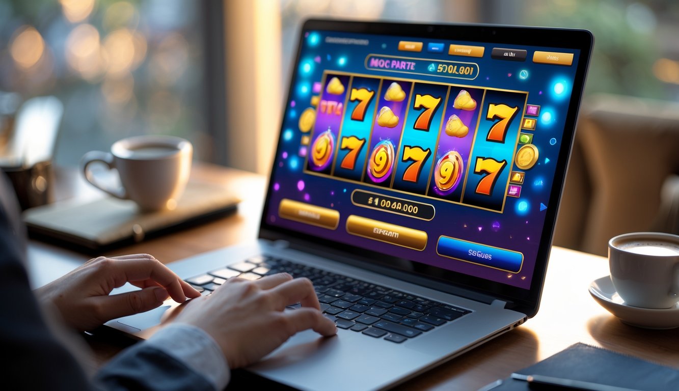 Seorang pemain menggunakan komputer dengan permainan slot online berwarna-warni di layar, tangan terlihat sedang mengoperasikan mouse, di meja terdapat cangkir kopi dan buku catatan.