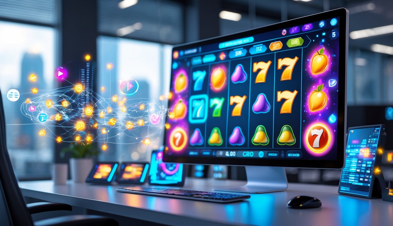 Sebuah ruang kerja modern dengan komputer menampilkan permainan slot digital yang berwarna-warni, dikelilingi oleh elemen teknologi futuristik dan latar kota di belakangnya.