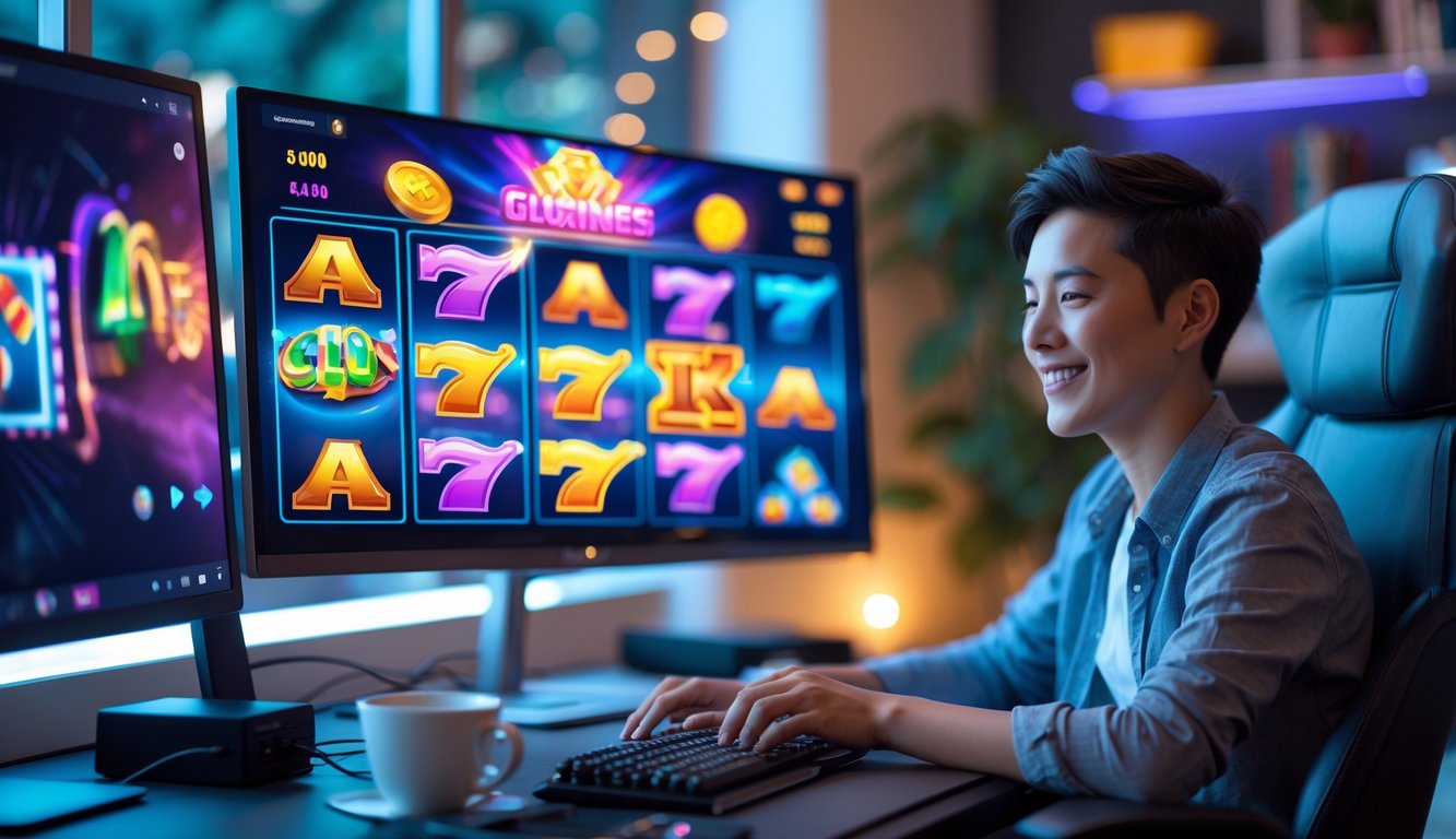 Seseorang duduk di depan komputer yang menampilkan permainan slot online dengan suasana nyaman dan fokus.
