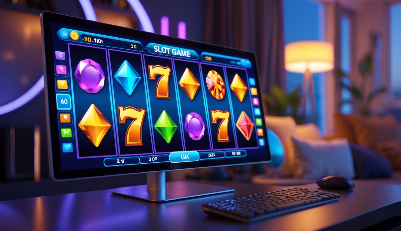 Seseorang sedang bermain permainan slot online di perangkat digital dengan latar ruang hiburan yang nyaman.