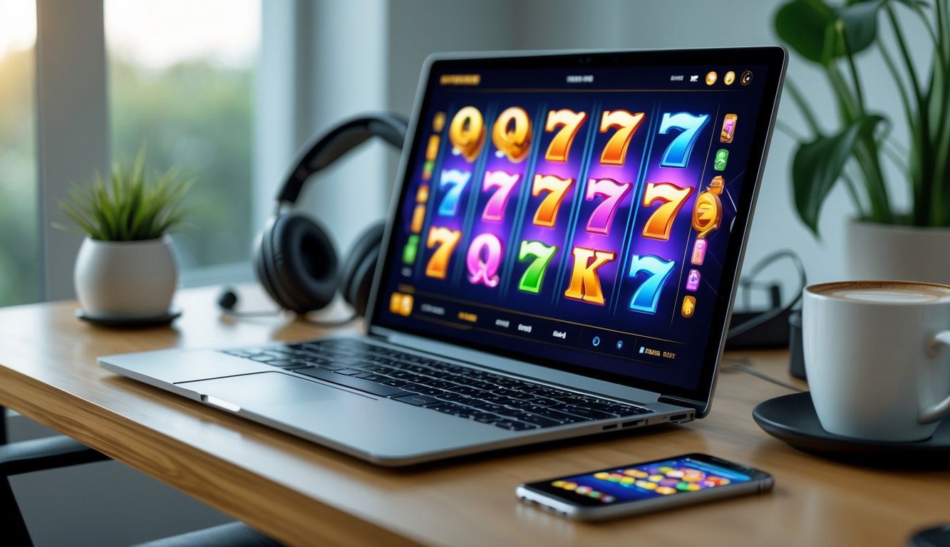 Seorang pemain duduk di depan laptop dengan layar menampilkan permainan slot online, di meja terdapat kopi dan tanaman hias.