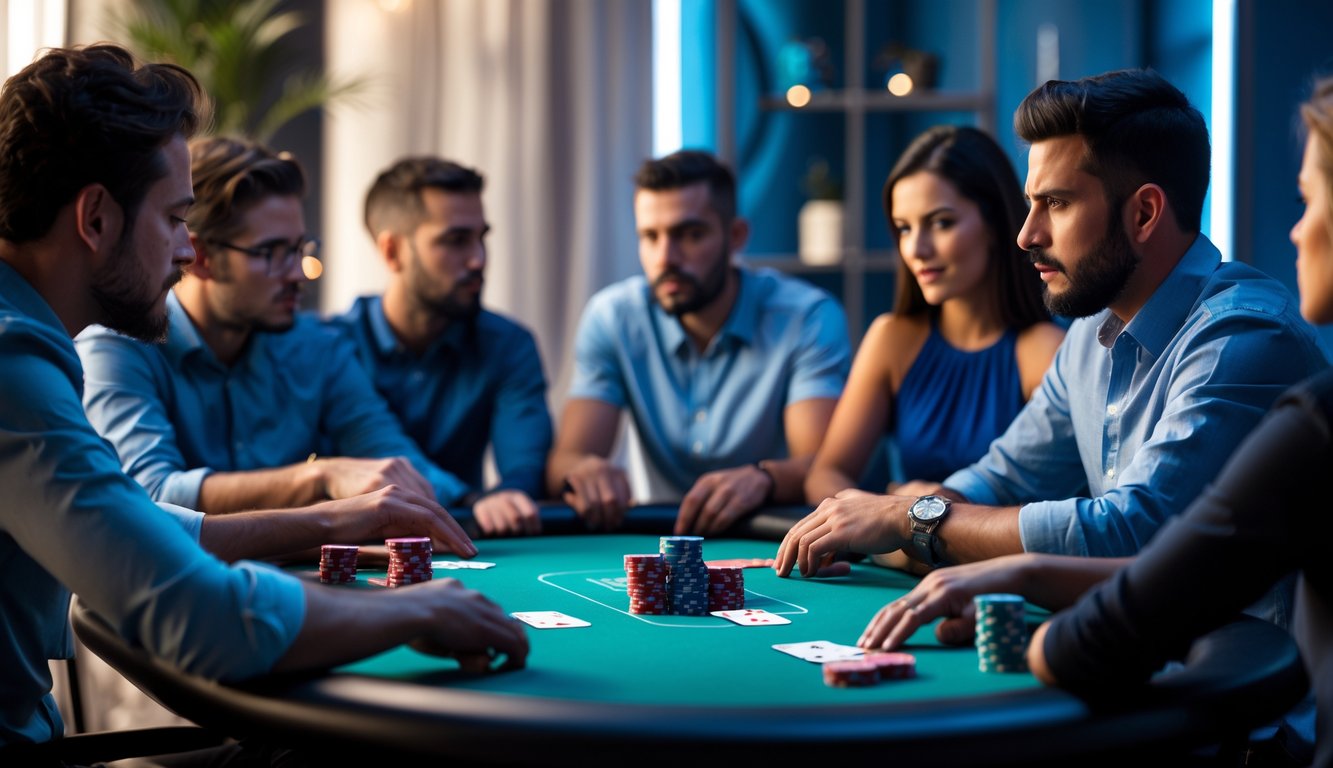 Sekelompok orang fokus bermain poker online di meja dengan layar digital dan chip poker.