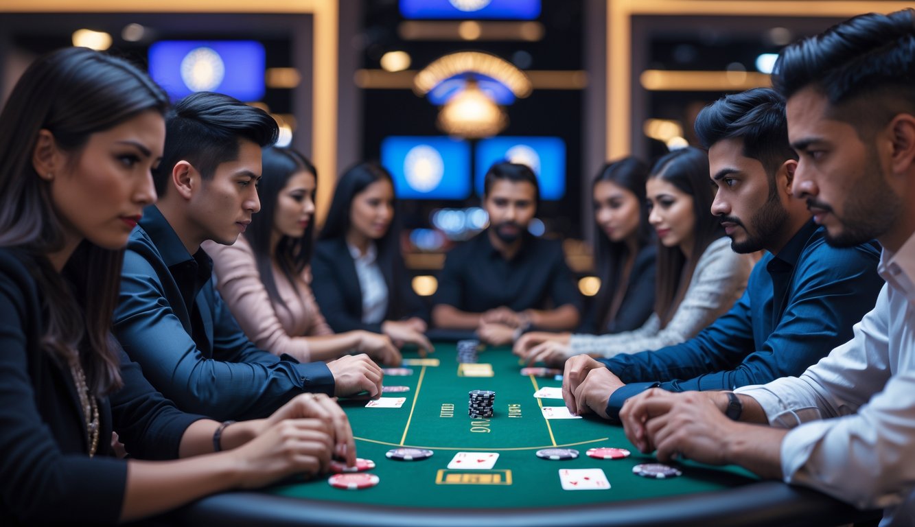 Beberapa orang sedang bermain poker di meja hijau dengan kartu dan chip di tangan, dalam suasana ruangan kasino modern.