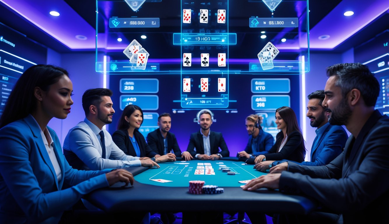 Sekelompok orang bermain poker online di meja dengan layar holografik di ruangan modern dengan pencahayaan biru dan ungu.