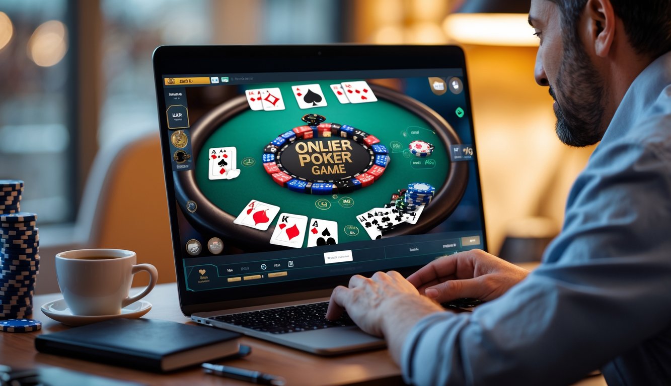 Seorang pemain poker online yang fokus bermain di depan layar komputer dengan kartu dan chip poker terlihat di meja.
