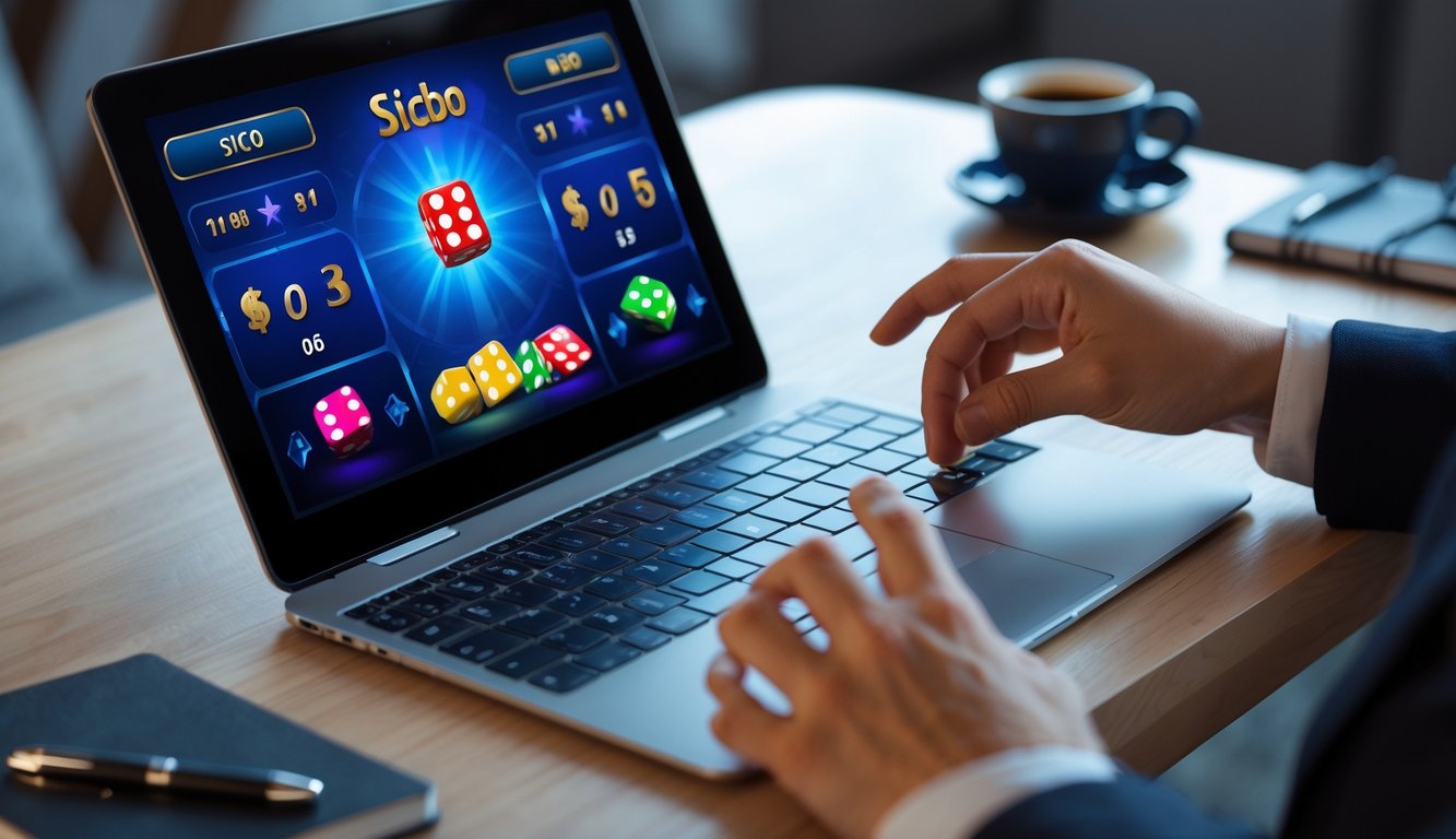 Seorang pemain sedang menggunakan laptop untuk bermain permainan Sicbo online dengan dadu digital di layar, di atas meja kayu yang rapi.