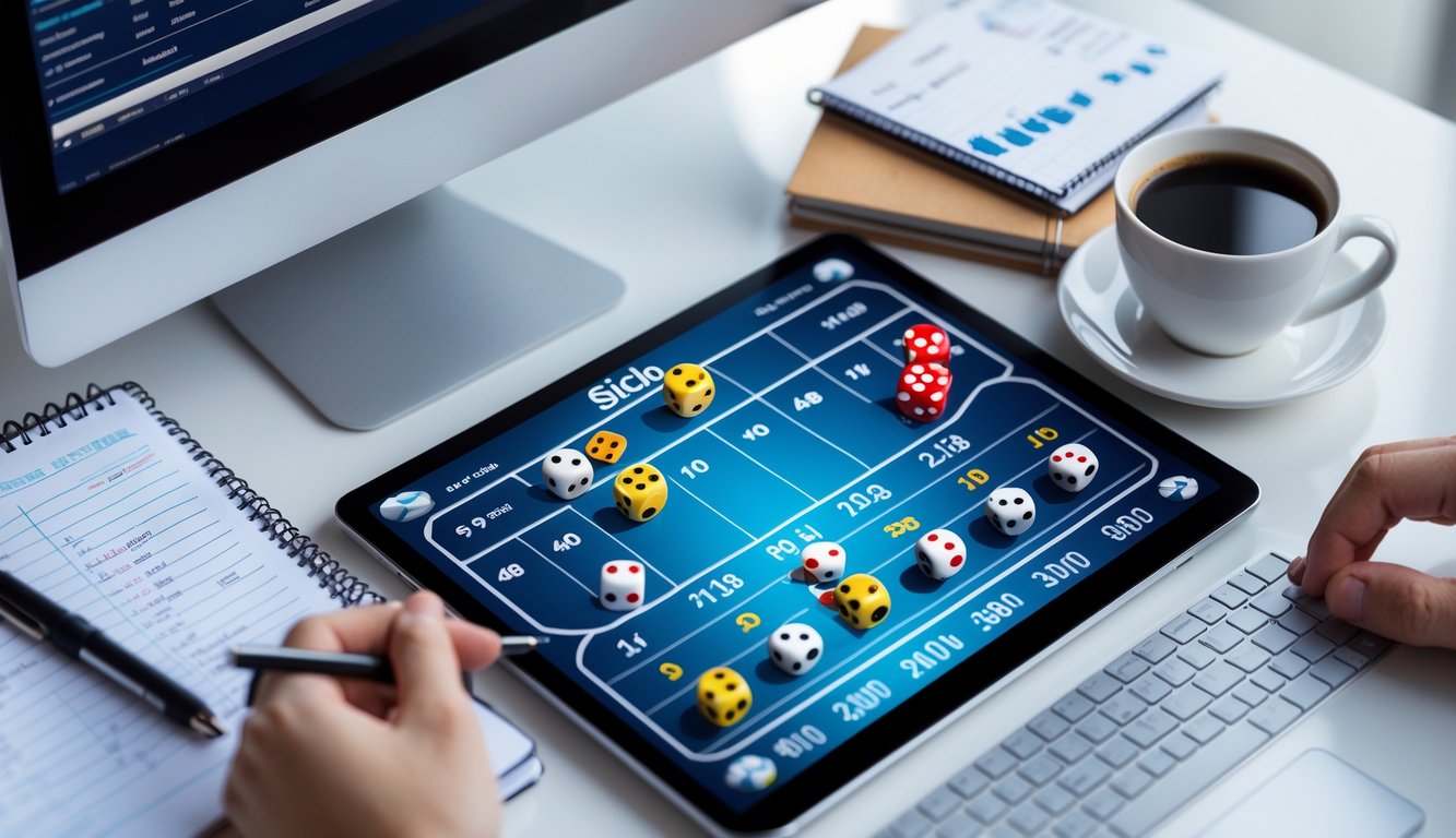 Seorang pemain sedang menggunakan laptop dengan permainan Sicbo online di layar, dikelilingi oleh catatan dan alat tulis di meja.