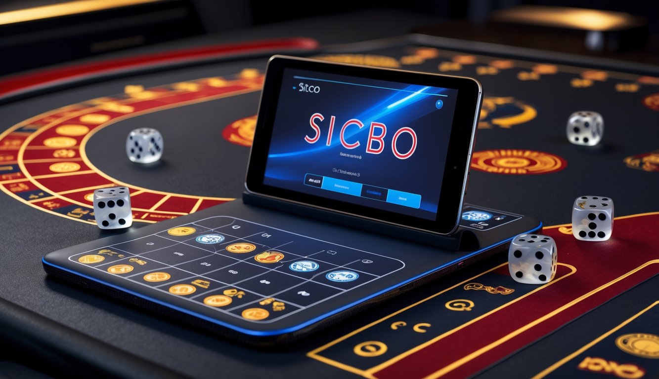 Sebuah layar perangkat digital menampilkan permainan Sicbo dengan tiga dadu dan tata letak taruhan tradisional di latar belakang.