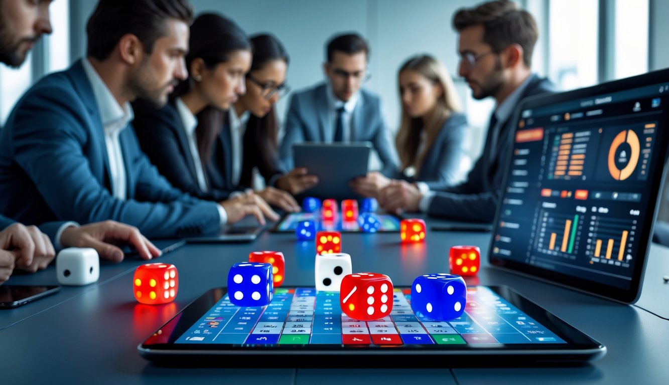 Meja permainan Sicbo online dengan dadu berwarna merah dan putih sedang dilempar, dikelilingi oleh pemain yang fokus menggunakan laptop dan tablet untuk menganalisis permainan.