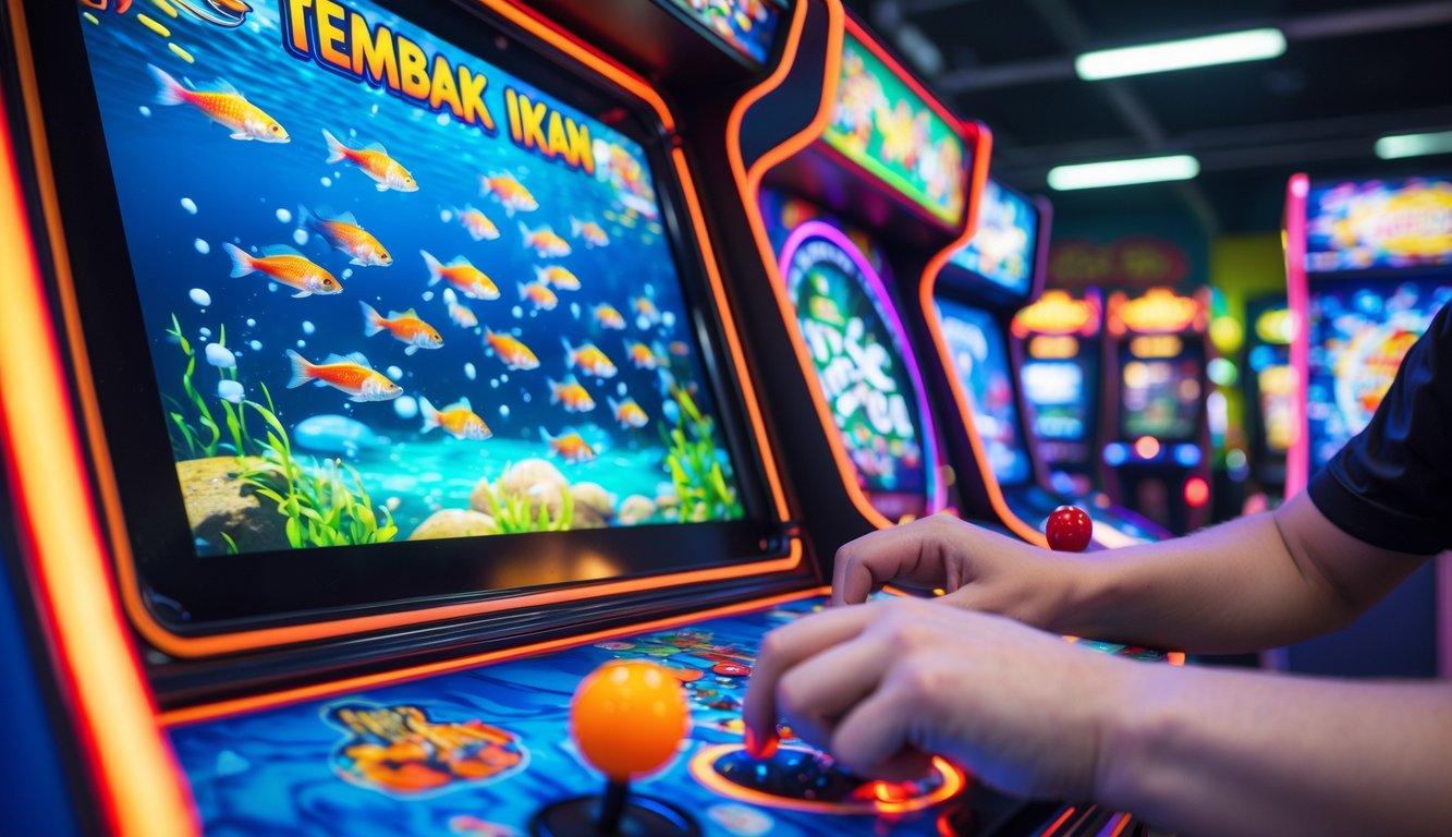 Seorang pemain sedang bermain permainan arcade menembak ikan dengan layar penuh warna dan lampu neon di latar belakang.