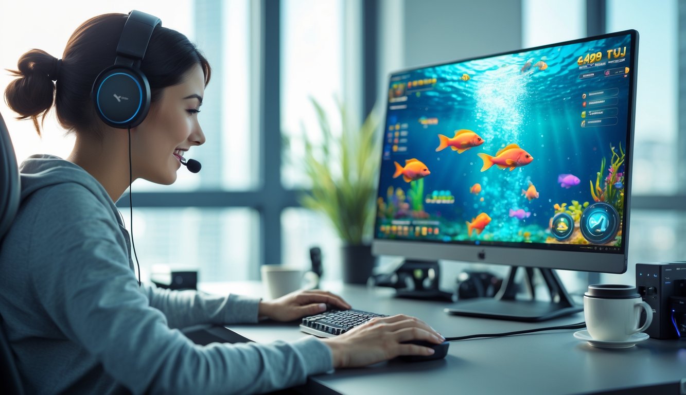 Seseorang sedang bermain permainan tembak ikan online di depan komputer dengan layar penuh warna di sebuah meja kerja yang rapi.