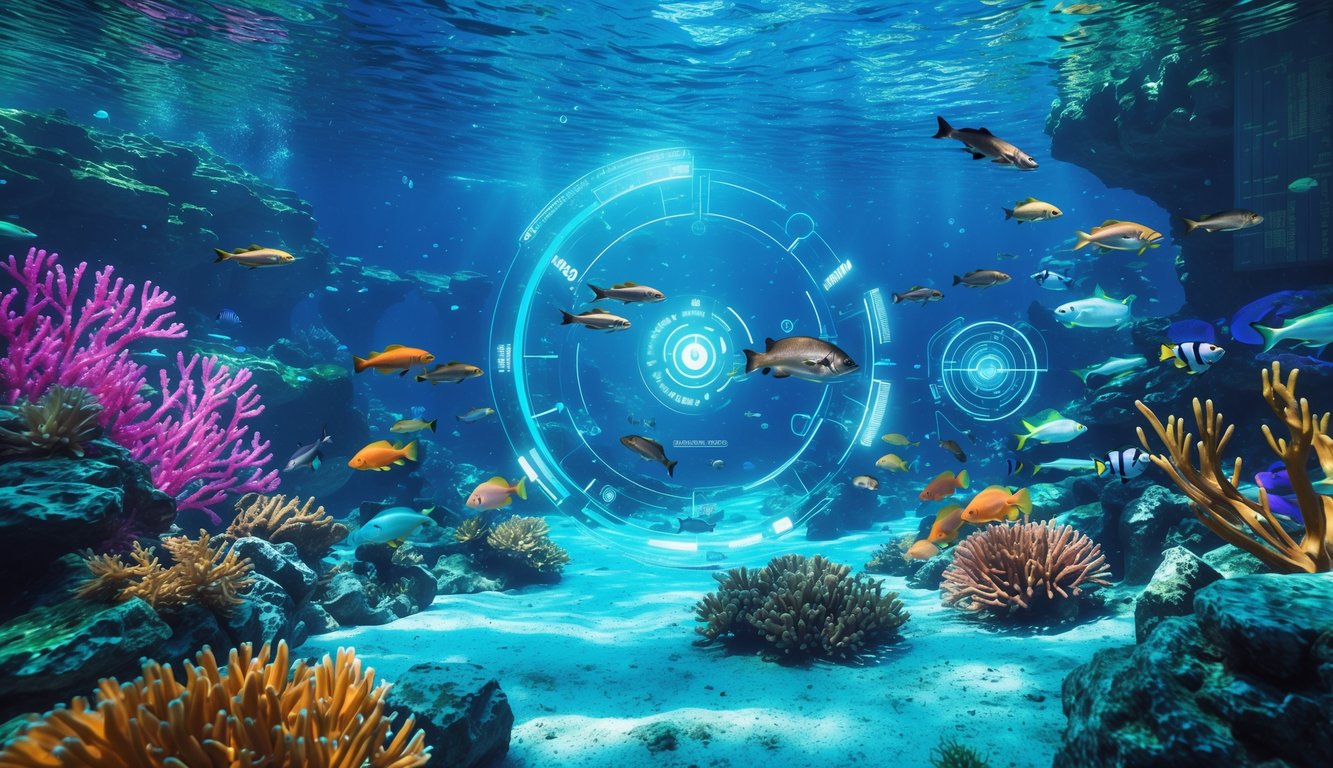 Pemandangan bawah laut dengan terumbu karang berwarna-warni, berbagai ikan berenang, dan elemen digital seperti target bercahaya yang menyatu dengan lingkungan laut.