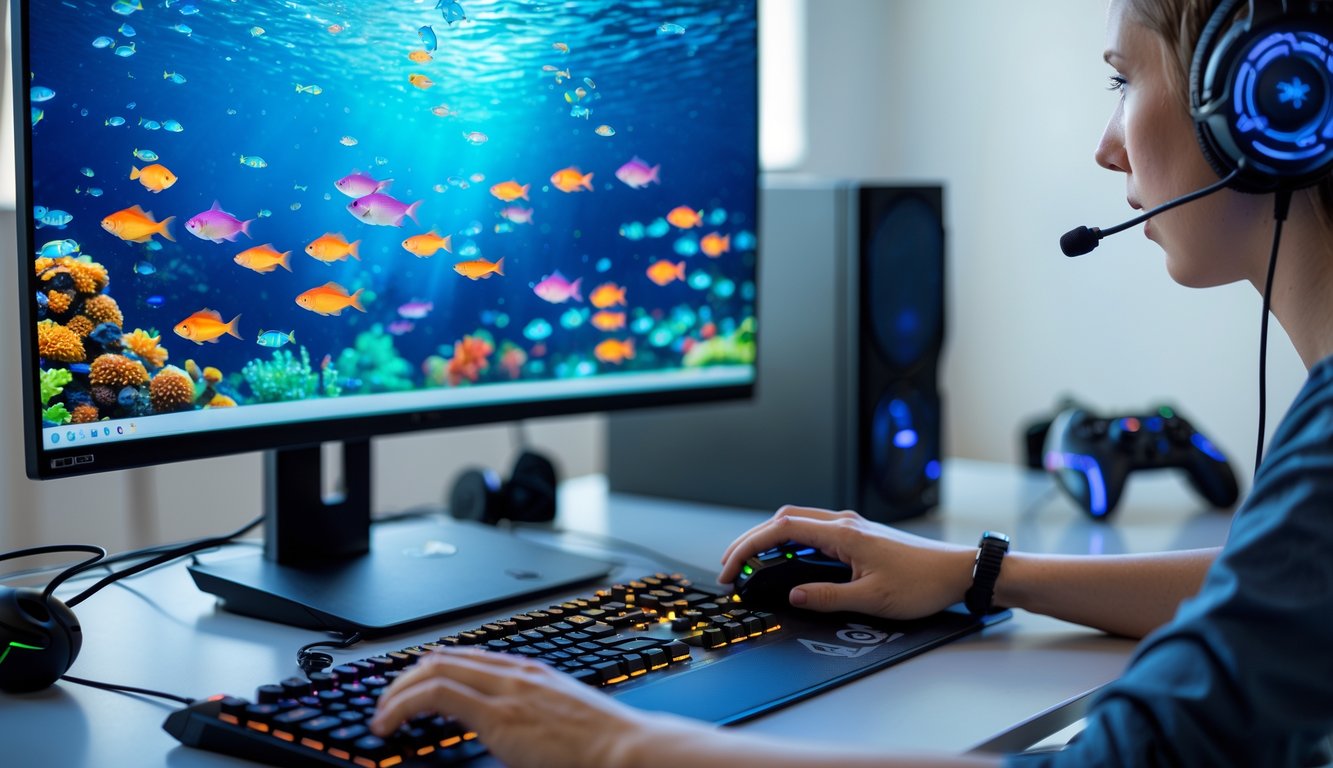 Seorang pemain sedang fokus bermain permainan tembak ikan online di depan komputer dengan layar penuh ikan berwarna-warni.