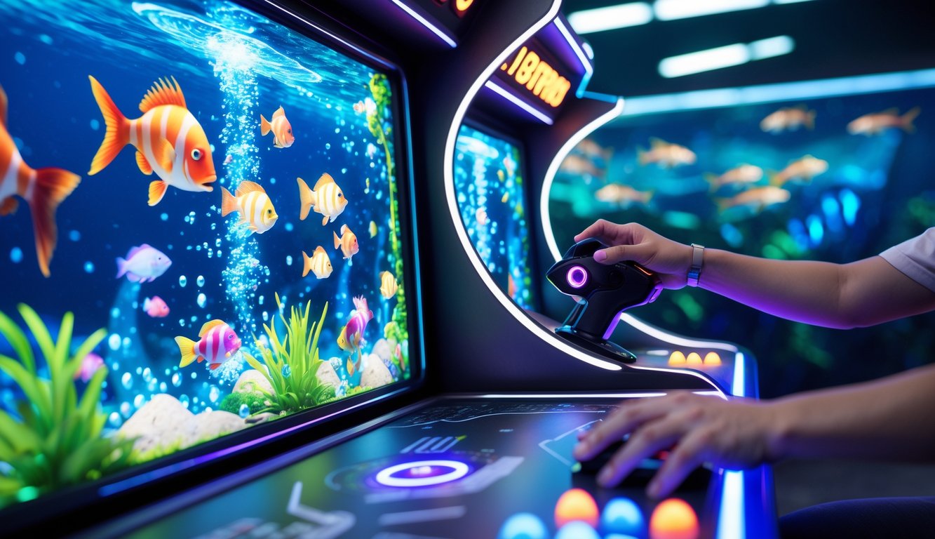 Sebuah mesin permainan tembak ikan modern dengan layar menampilkan berbagai ikan dan efek air, serta tangan pemain yang sedang mengoperasikan kontrol permainan.