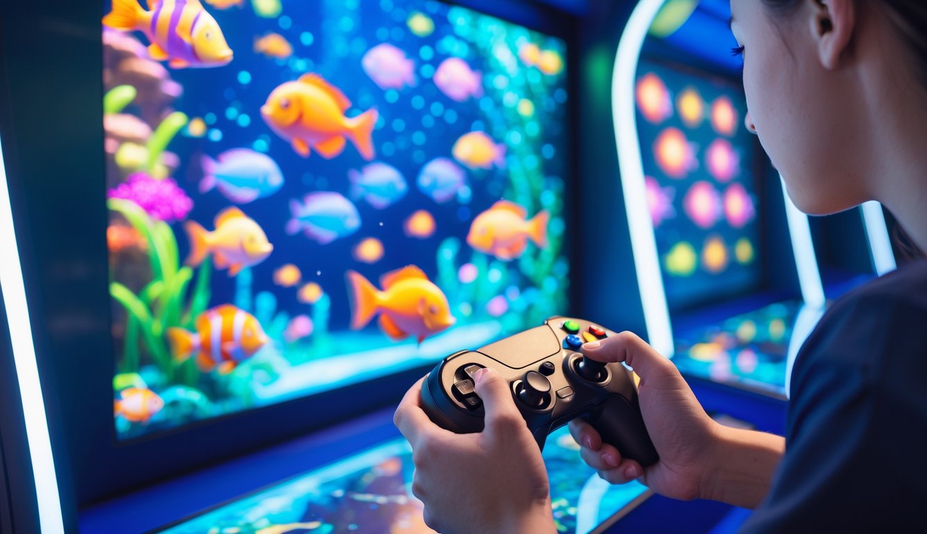 Seorang pemain sedang menggunakan kontroler untuk menembak ikan di layar permainan dengan latar belakang warna-warni ikan dan makhluk laut.