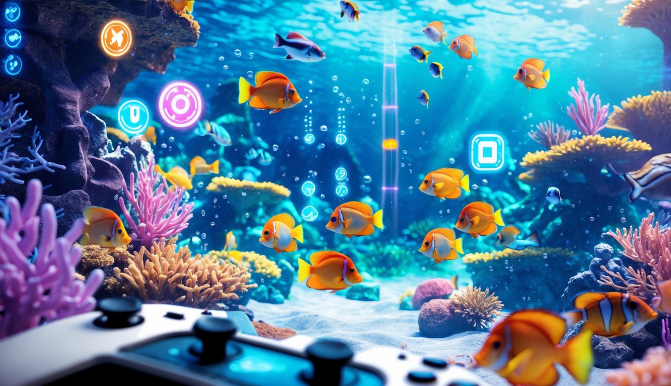 Pemandangan bawah laut penuh ikan warna-warni dan terumbu karang dengan perangkat permainan di latar depan.