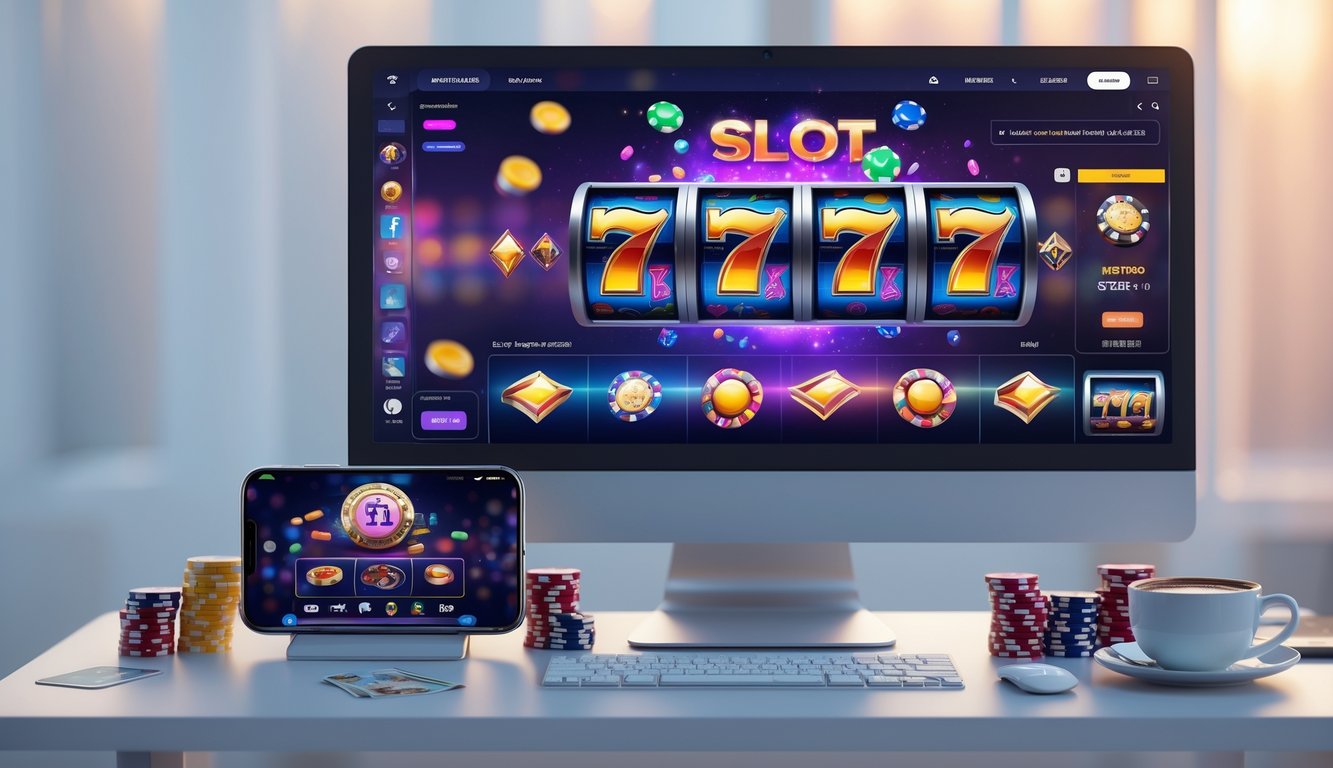 Tampilan antarmuka platform permainan slot modern di komputer dan ponsel dengan simbol permainan berwarna-warni di meja minimalis.