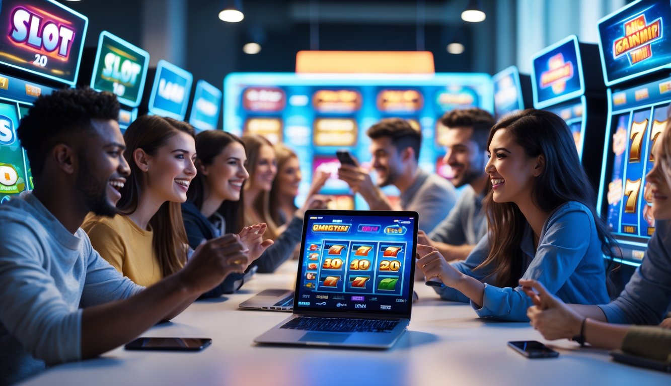 Sekelompok orang muda bermain permainan slot online dengan laptop dan ponsel di lingkungan yang terang dan modern.