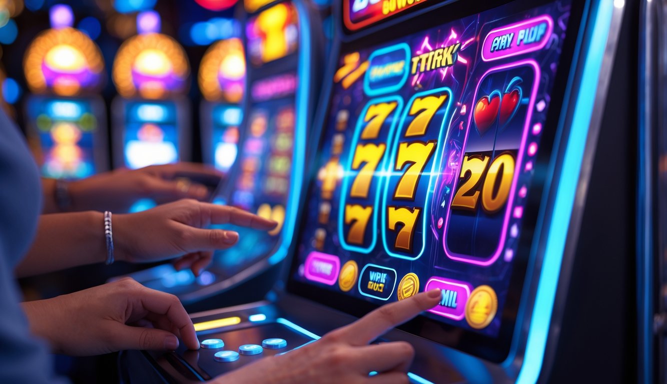 Layar digital mesin slot dengan tema warna-warni dan tangan orang yang sedang bermain.