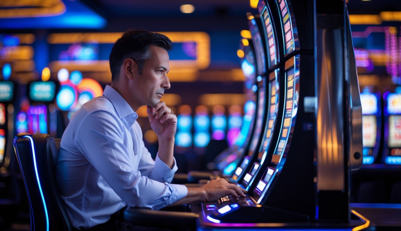 Seorang pria dewasa duduk di depan mesin slot di kasino modern, fokus dan serius bermain.