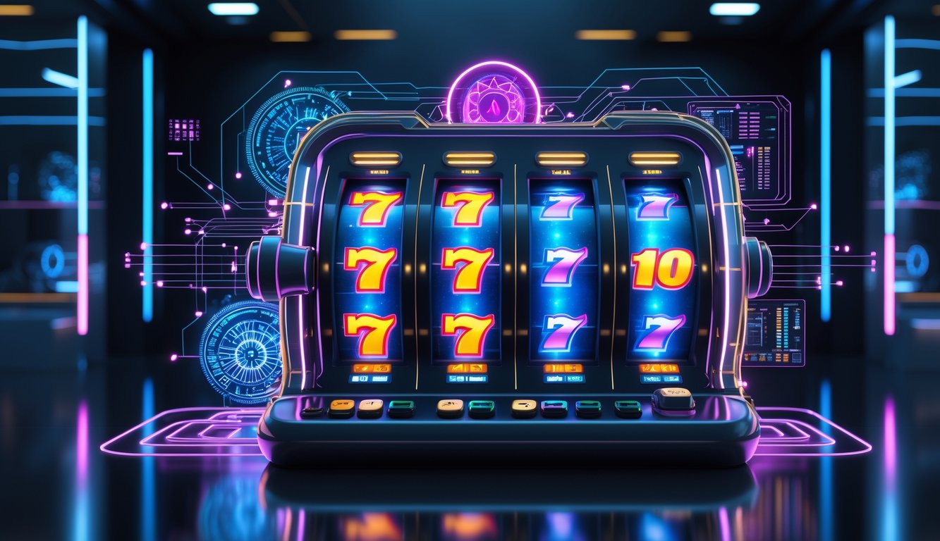 Mesin slot virtual futuristik dengan tampilan grafis canggih dan elemen teknologi modern di latar belakang gelap.