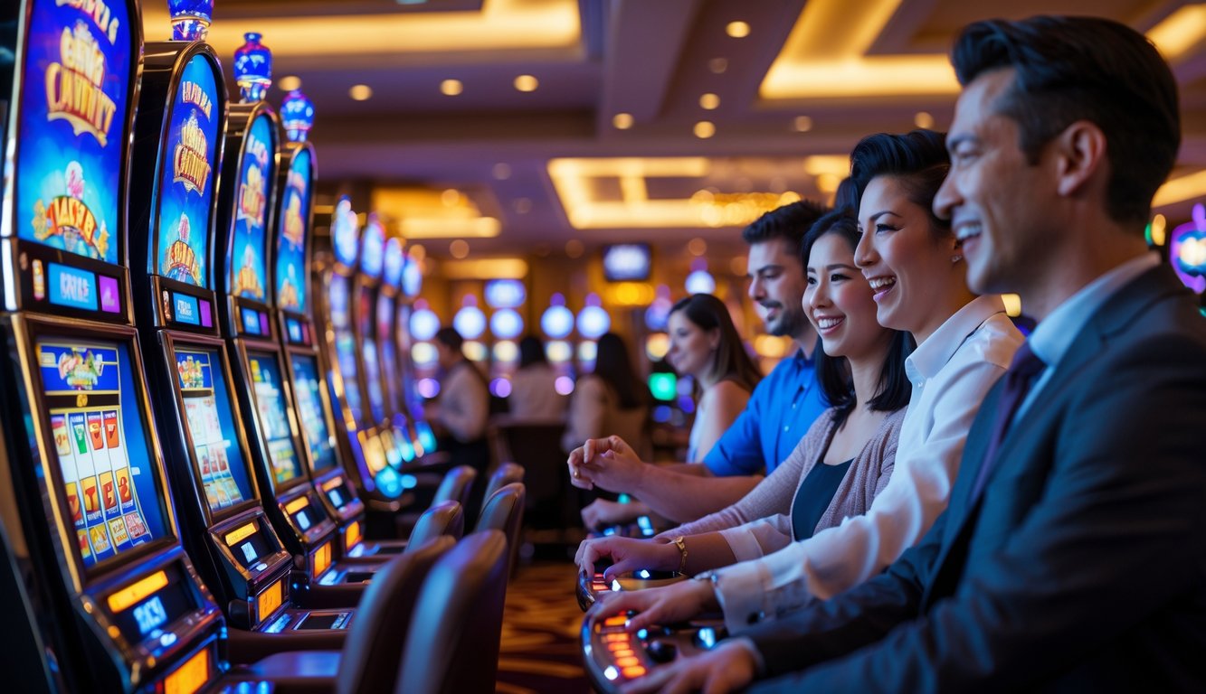 Orang-orang bermain mesin slot di dalam kasino dengan suasana ramai dan penuh semangat.