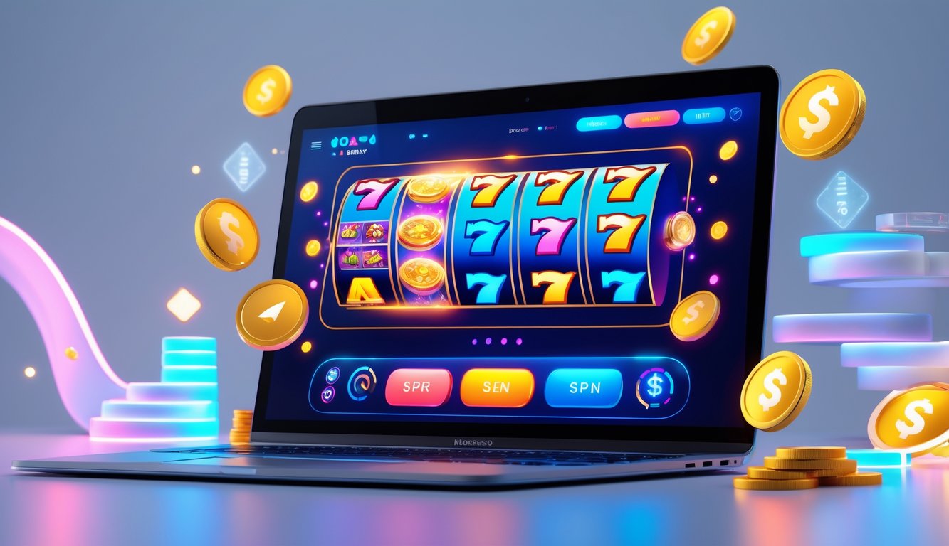 Sebuah layar komputer menampilkan permainan slot online yang berwarna-warni dan interaktif dengan simbol berputar dan koin digital di sekitarnya.